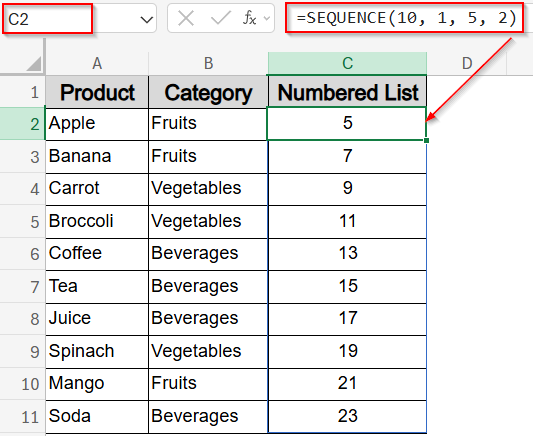 Create a Numbered List Using the SEQUENCE Function