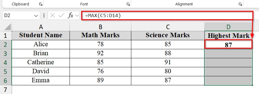 Determining the Highest Marks Obtained Using Array Formula