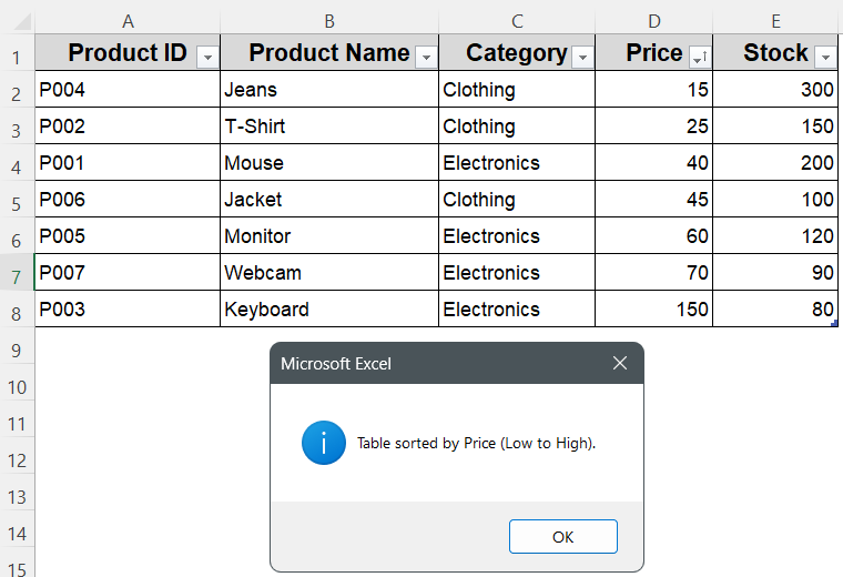 Embed VBA to Sort Table by Value in Excel