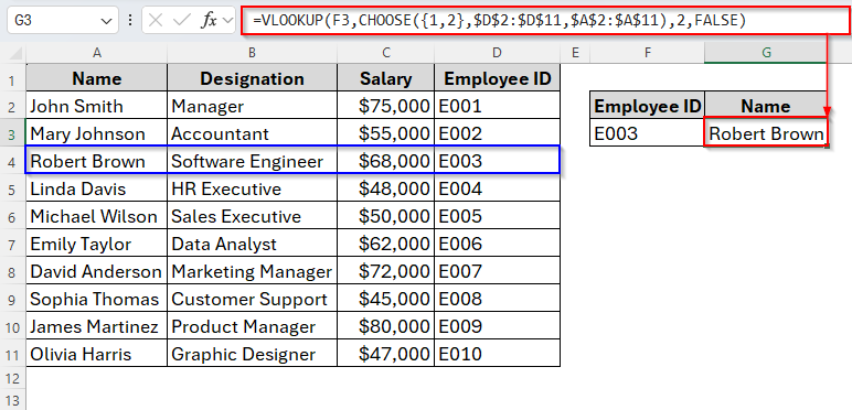 Using VLOOKUP with CHOOSE Function for a Single Criterion