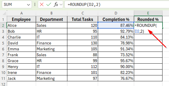 Applying the ROUNDUP Function to Round Percentages Upward