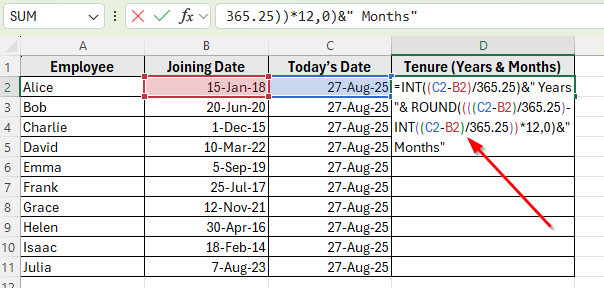 Combining INT and ROUND Functions to Calculate Tenure