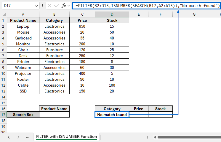 Use FILTER with ISNUMBER Functions for Partial Matches