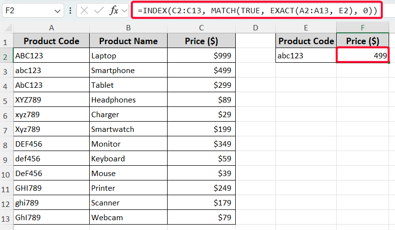 INDEX-MATCH Formula to Make Vlookup Case Sensitive