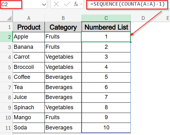 Dynamic Numbered List with COUNTA Function