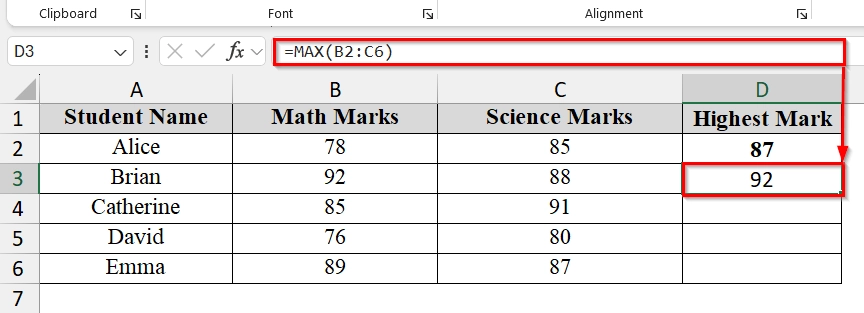 Determining the Highest Marks Obtained Using Array Formula