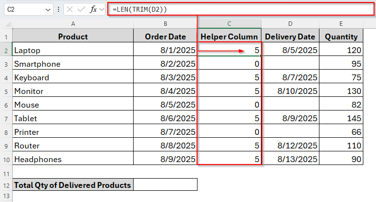 Applying Helper Column with TRIM Function to Sum If Not Blank Cells