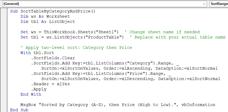 Insert VBA Macro to Sort Table for Multiple Columns