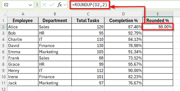 Applying the ROUNDUP Function to Round Percentages Upward