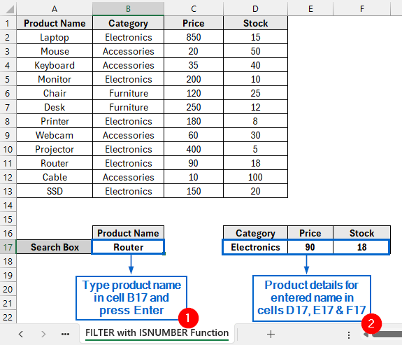 Use FILTER with ISNUMBER Functions for Partial Matches