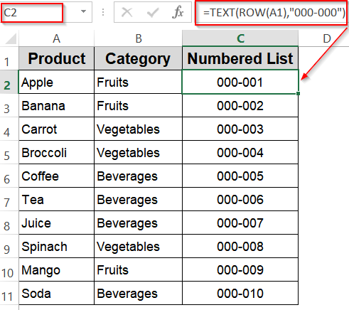 Numbering with Text Using ROW and TEXT Functions