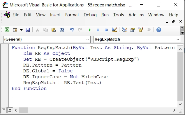 Applying RegExpMatch (Custom VBA) Function to Match a Pattern with ReGeX in Excel