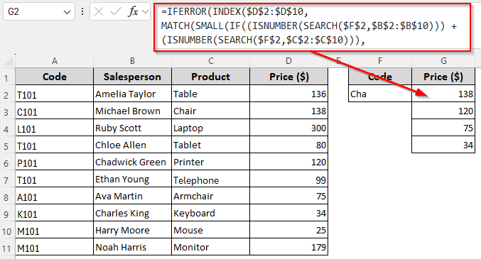 INDEX-MATCH Formula to Get All the Partial Matches Vertically from Two Different Columns