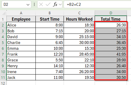 Add Time in Excel Over 24 Hours Using Formula and Custom Format