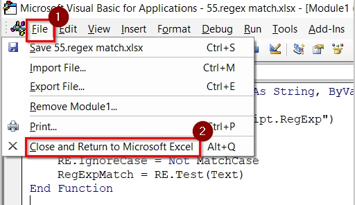 Applying RegExpMatch (Custom VBA) Function to Match a Pattern with ReGeX in Excel