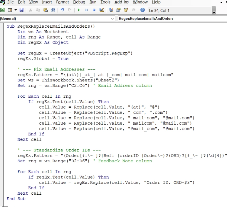 Applying Custom VBA to Find and Replace Data with RegEx in Excel