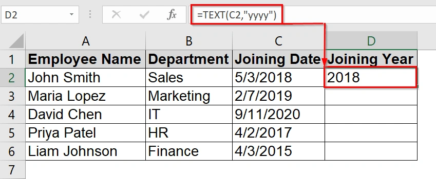Use of TEXT Function TO Extract Year from Date in Excel