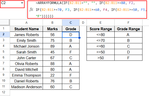 Nested IF with ARRAYFORMULA Function