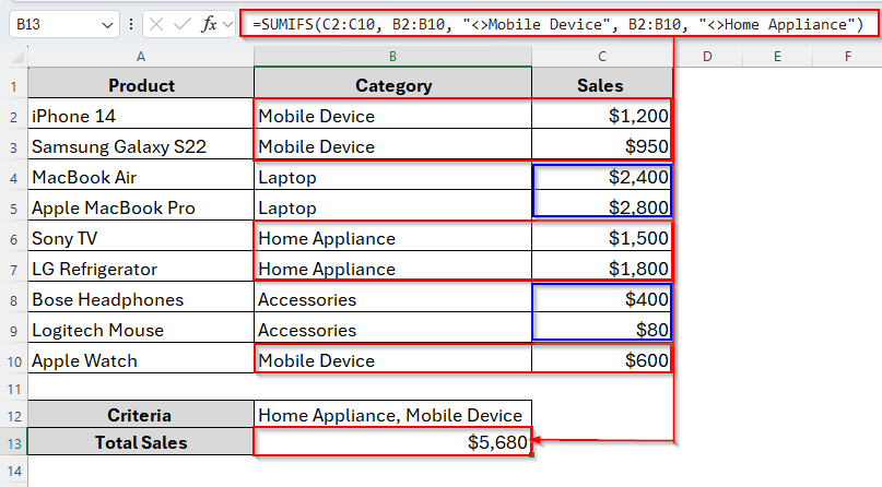 Use SUMIFS Not Equal to Text with Multiple Criteria