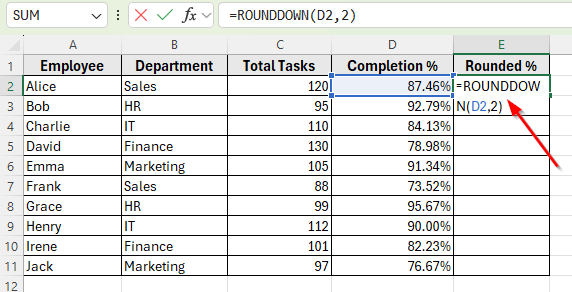 Using the ROUNDDOWN Function to Round Percentages Downward