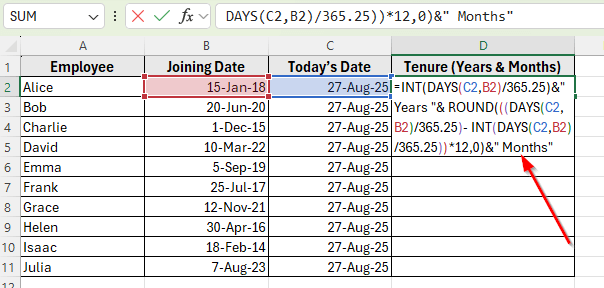 Use the DAYS Function to Calculate Tenure in Years and Months