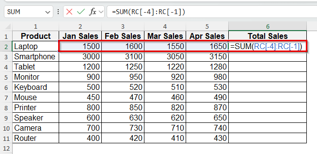 An Example of Using R1C1 Cell Reference in Excel Formula