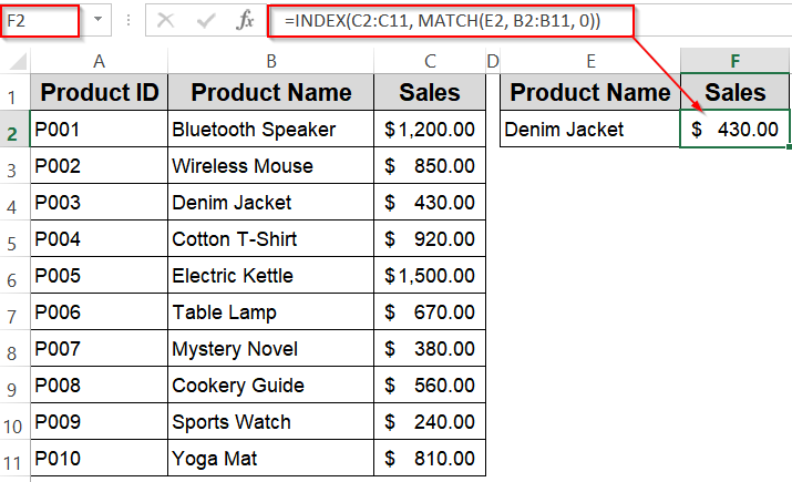 Linking a Cell Using INDEX and MATCH Functions for Flexible Lookup