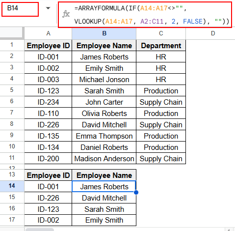 Applying the VLOOKUP Function with ARRAYFORMULA