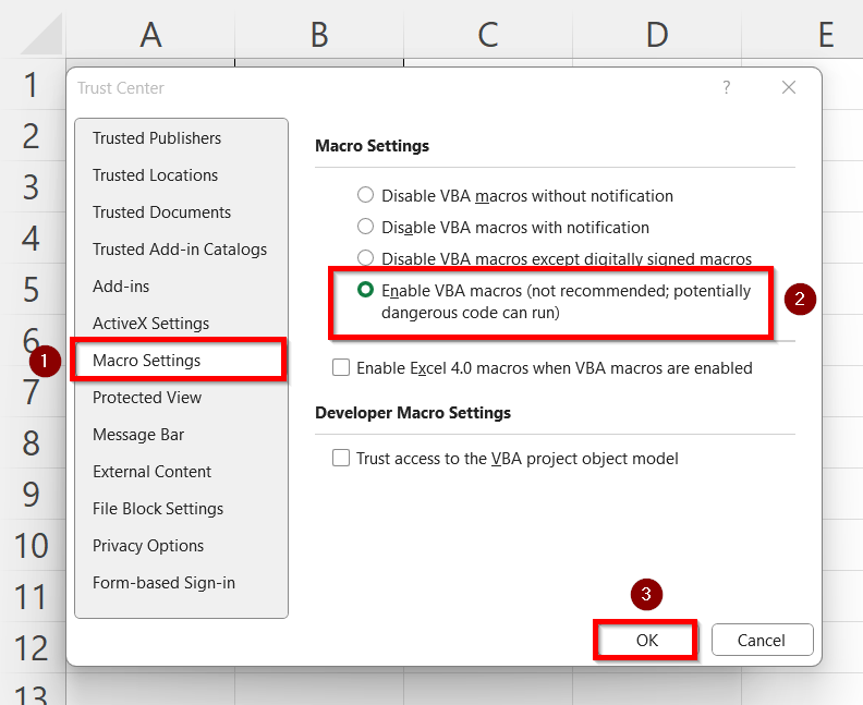 Check the Macro Security Settings