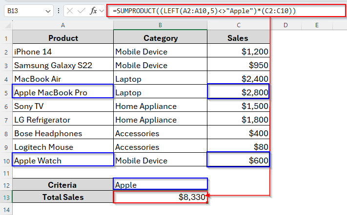Alternative to SUMIFS Function for Not Equal to Text Criteria