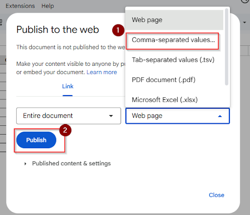 Publish to the Web as CSV