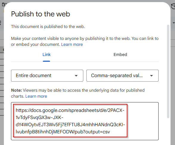 Publish to the Web as CSV