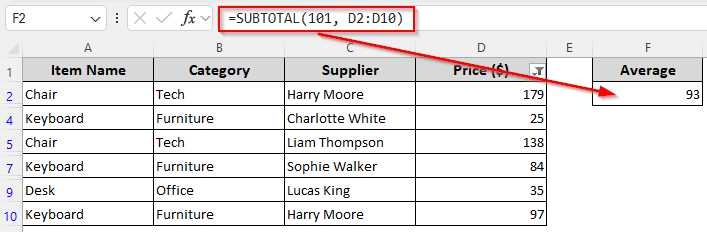 Manually Filter Zeros and Average Values with the SUBTOTAL Function