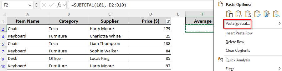 Manually Filter Zeros and Average Values with the SUBTOTAL Function