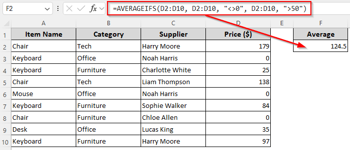 Using the AVERAGEIF/AVERAGEIFS Function to Calculate Average Excluding Zeros