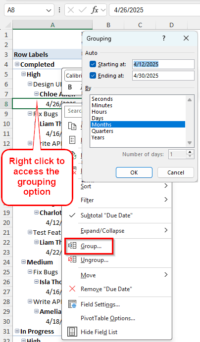 Steps to Fix the Date Grouping Issue in a Pivot Table