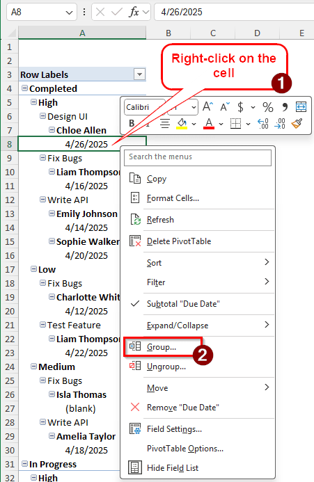 Visualization of the Dates Grouping Issues in Excel Pivot Table