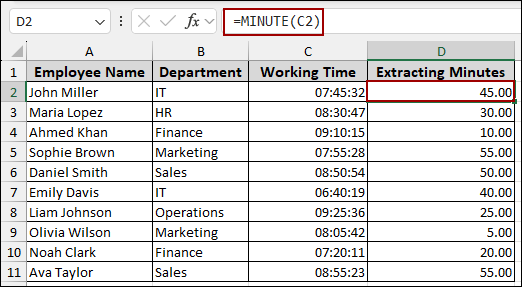 Using MINUTE Function