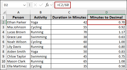 Using Simple Division Formula to Convert Minutes to Hour Values