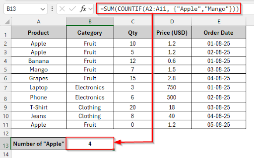 Using OR logic: SUM of COUNTIFs