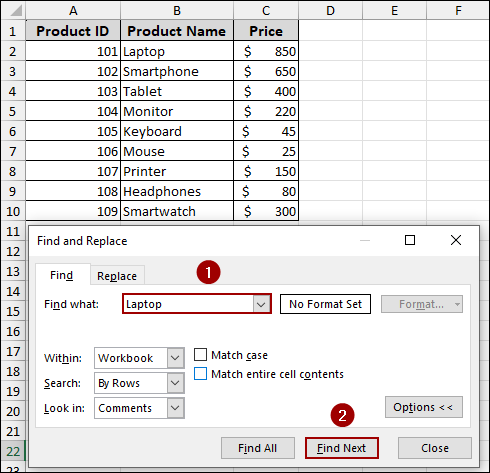 Wrong Look In Option in Find and Replace Window