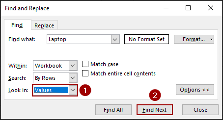 Wrong Look In Option in Find and Replace Window