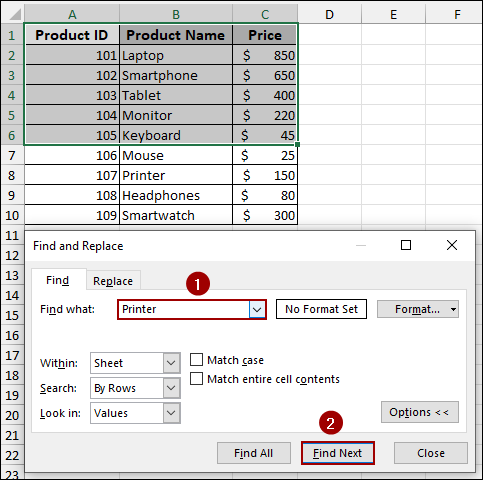 Finding Doesn’t Work in Multiple Cell Selection