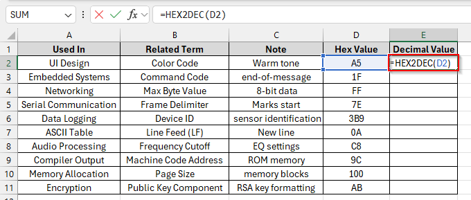 Using Excel’s HEX2DEC Function