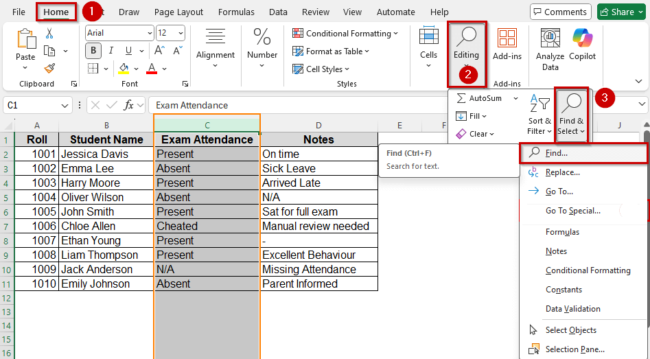 Use Find Tool from Menu Bar Add-ins