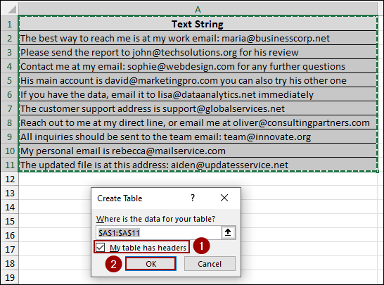 Using Excel Tools to Extract Email from Text 