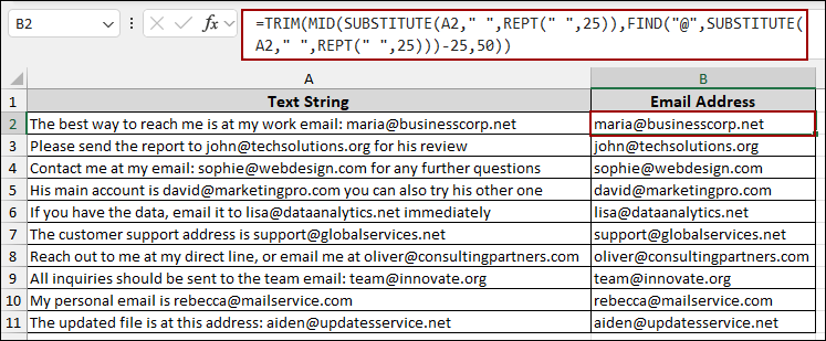 Applying Excel Functions to Extract Email from Text