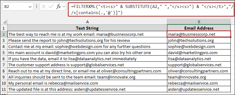 Applying Excel Functions to Extract Email from Text