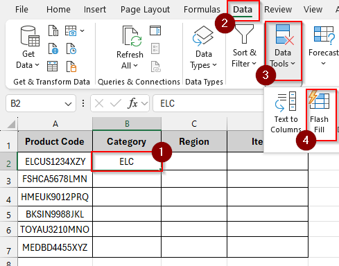 Using Flash Fill to Split Text by Pattern
