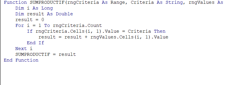 Custom SUMPRODUCT + IF Formula with VBA